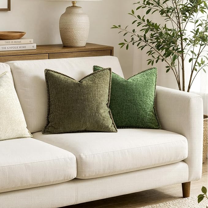 MIULEE Pack of 2 Couch Throw Pillow Covers 18x18 Inch Olive Green Farmhouse Decorative Pillow Covers with Stitched Edge Soft Chenille Solid Dyed Pillow Covers for Sofa Bed Living Room