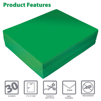 Better Office Products Green EVA Foam Sheets, 30 Pack, 2mm Thick, 9 x 12 Inch, Green Color, for Arts and Crafts, 30 Sheets Bulk Pack