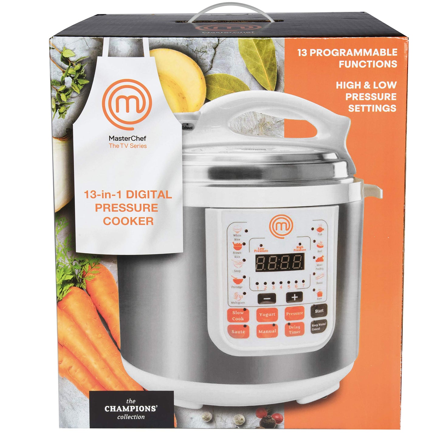 MasterChef 13-in-1 Pressure Cooker- 6 QT Electric Digital Instant MultiPot w 13 Programmable Functions- High and Low Pressure Slow Non-Stick Pot Cooking Warmer Options, LED Display, Delay Timer, Rice