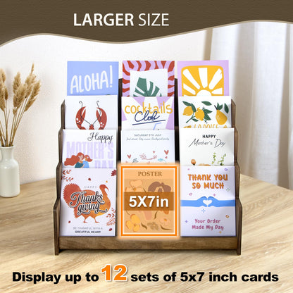 PUERSI Greeting Card Display Stand Holder - 4-Tier Wooden Organizer Rack for Retail Stores, Postcards, Stickers & Stationery Vendors Brown