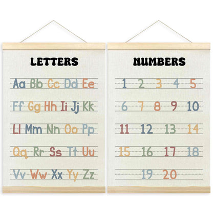 TLESKE Alphabet ABC Numbers Chart Poster Hanger Frame for Toddler Kid Classroom Set of 2, Homeschool Hanging Wall Art Decor for Nursery Playroom, Preschool Prek Learning Educational Poster, 12x16