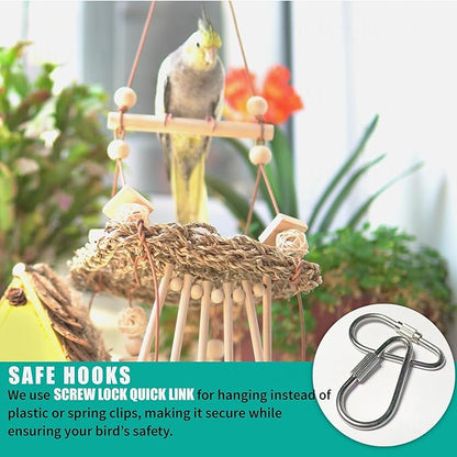 6 Pcs Natural Bird Toys for Parrots - Seagrass Swing, Loofah, Wood & Corn Husk Chew Toy Set - Shredding Enrichment Kit for Small to Medium Cockatiels, Parakeets, Conures, Budgies