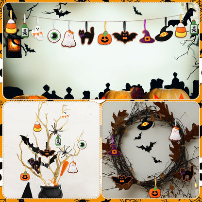 Breling 20 Pcs Halloween Felt Ornaments 3D Halloween Tree Hanging Decorations 3.15 Inch Ghost Bat Pumpkin Black Cat Witch Hat Felt Ornaments for Garland Banner Mantle Wall Party Decor