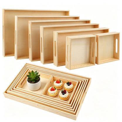 Aodaer 7 Pieces Wooden Trays, Wooden Nested Serving Trays, Rectangular Shape Wood Serving Tray with Handles for Kitchen Party Dinner Snacks