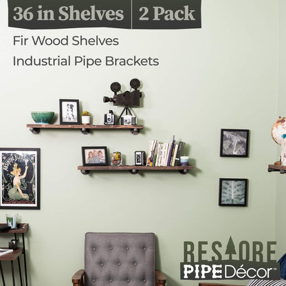 Industrial Pipe Wooden Shelves Restore by Pipe DÉCOR Premium Douglas Fir Wood Shelving 36 Inch Length Set of 2 Boards and 6 Straight Brackets Sunset Brown Finish