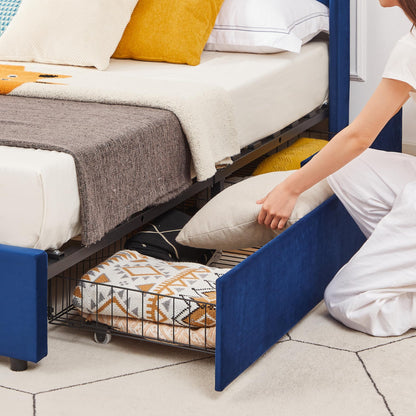 VECELO Upholstered Platform Queen Bed Frame with 4 Storage Drawers & Wave Fabric Headboard,Wooden Slats Support/No Box Spring Needed/Mattress Foundation/Easy Assembly,Dark Blue