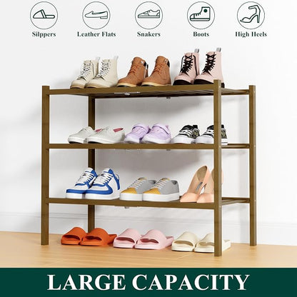 Smiry Bamboo Shoe Rack, 3 Tier Free Standing Wooden Shoe Organizer, Stackable Wood Shoe Storage Shelf for Closet, Entryway, 14 Vertical Slats, 2+1 Stack Heavy-Duty Legs, 26.8"x11"x19.5", Walnut