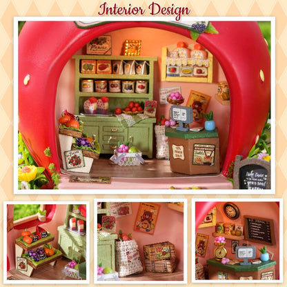 TuKIIE DIY Miniature House Kit with Furniture, 1:100 Scale Creative Room Mini Wooden Dollhouse Book Nook for Kids Teens Adults(Berry Shop)