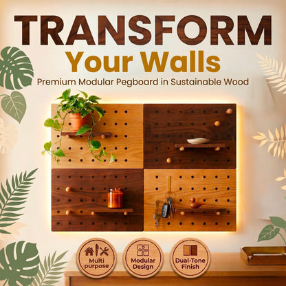 IliBx Wooden Pegboard Wall Organizer Kit – Modern Density Wood Peg Board with Shelves & Hooks – 2 Tone Natural & Brown Wood-Look Wall Organizer for Office Setup or Home Decor Storage Rack