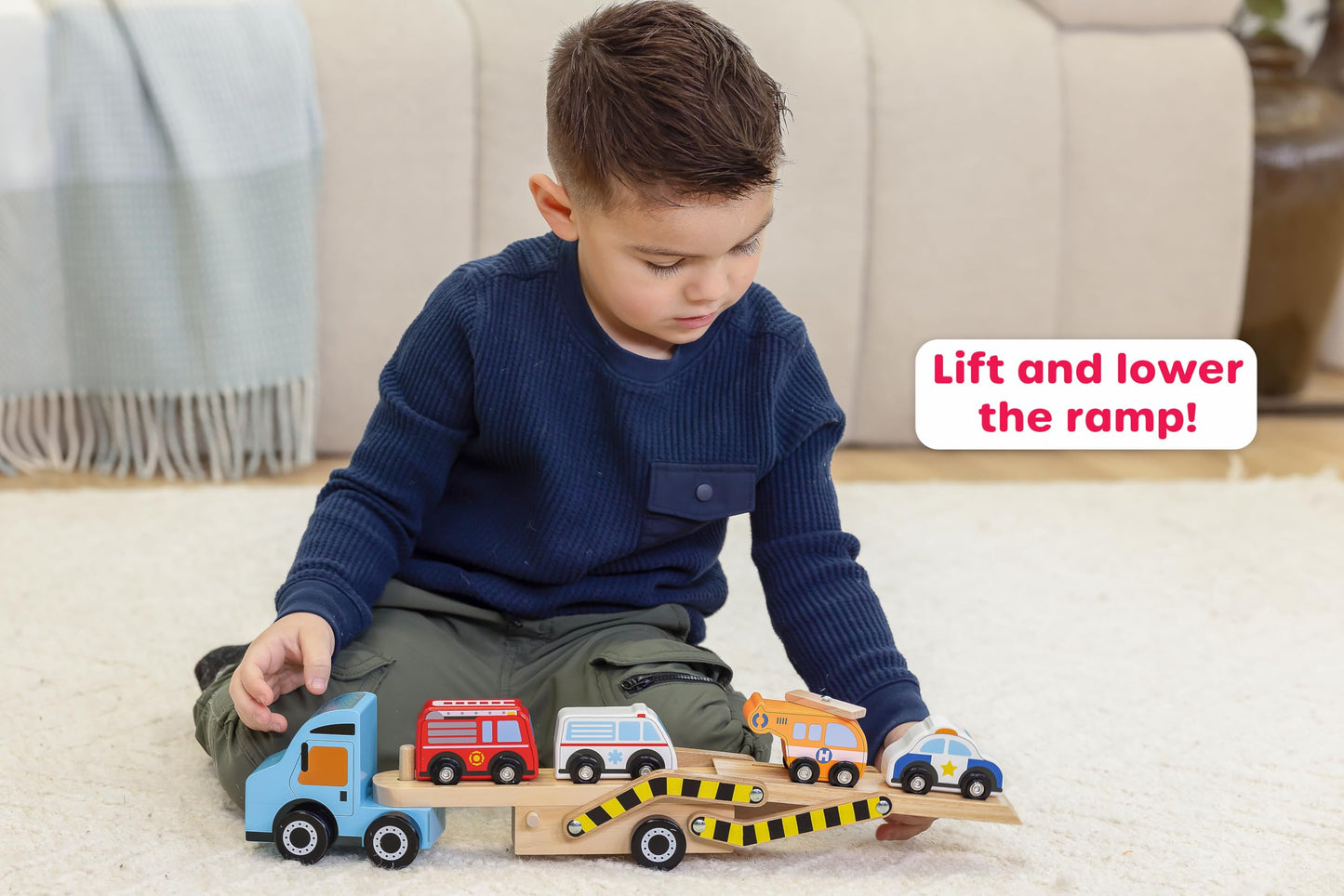 Jasey's Toy Chest Wooden Off to the Rescue Vehicle Carrier - 6-Piece Fire & Rescue Wooden Toy Set for Kids Ages 3+ | Oppenheim Award Winner