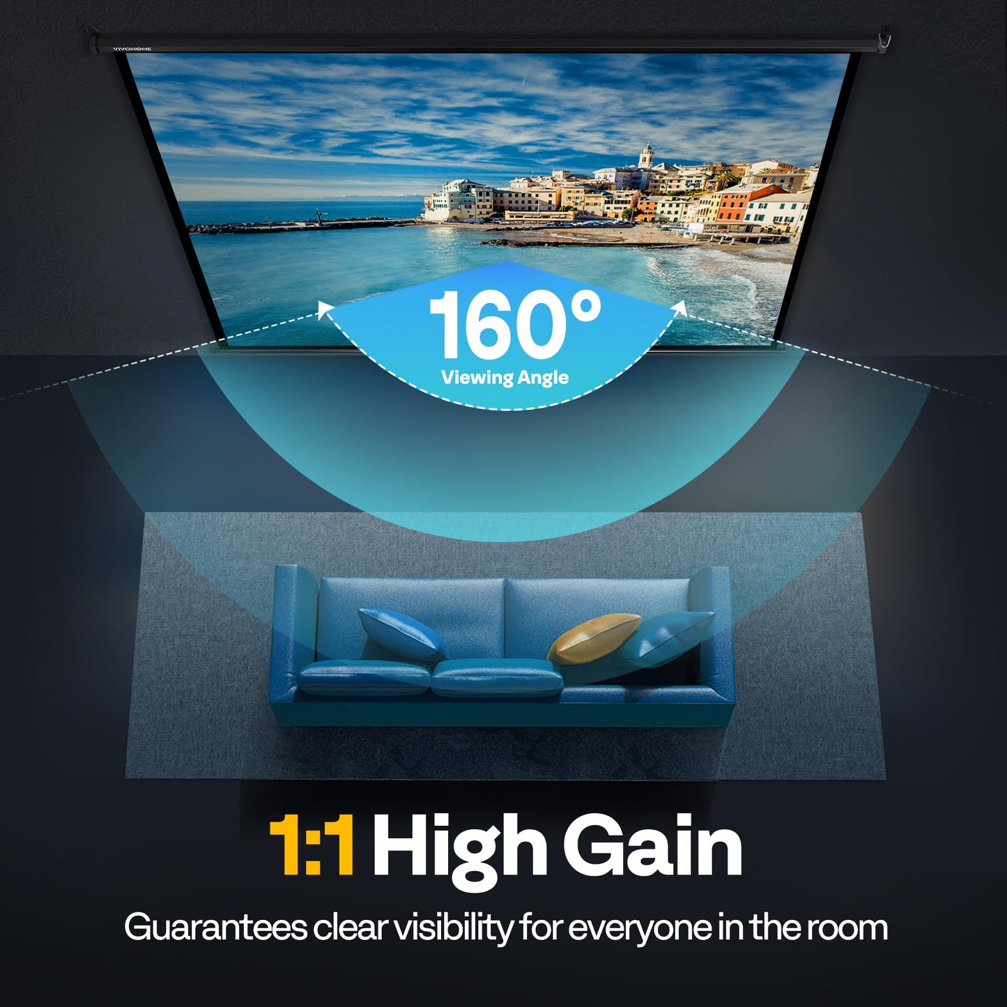 VIVOHOME Projector Screen Pull Down, 1:1 120 Inch Retractable Projection Screen, HD 4K Manual Pull Movie Screen for Home Theater, Cinema, Office (84x84 Inch Black)