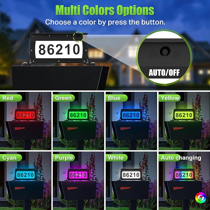 Solar Address Sign for Mailbox, RGB & Cool White & Color Changing Solar Mailbox Light, Double-Side Lighted Mailbox Topper, House Numbers for Outside (No-Drilling Option Available)
