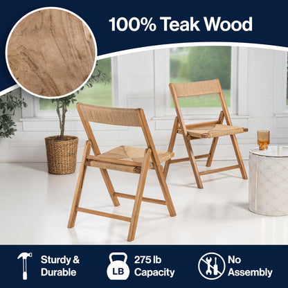 JONATHAN Y Kiawah Woven Seagrass and Natural Teak Wood Folding Chair Set of 2 for Dining Room, Coastal Armless Space-Saving Portable Seat with Natural Finish, No Assembly Required FLD1002A-SET2