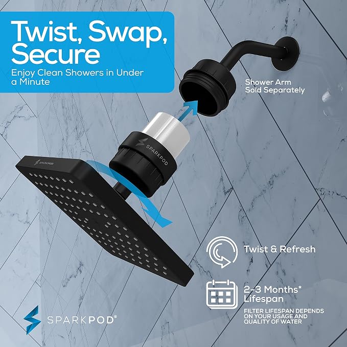 SparkPod 23-Stage Filtered Shower Head, 8" Square, Black Matte | Filtered Shower Head for Hard Water Filter, High Pressure, Reduces Chlorine, Heavy Metals, For Dry Skin & Hair
