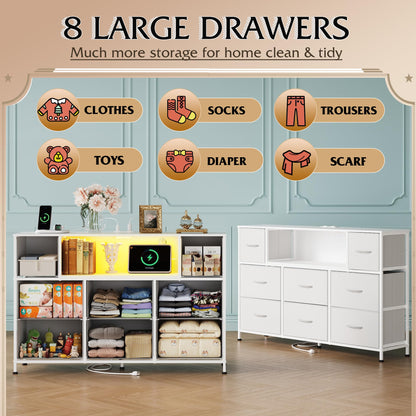 WLIVE White Dresser TV Stand for 45, 50, 55 inch TV, Entertainment Center with LED Lights & Charging Station, Chest of Drawers with 8 Fabric Drawers and Open Shelves for Living Room, Hallway, Wood Top