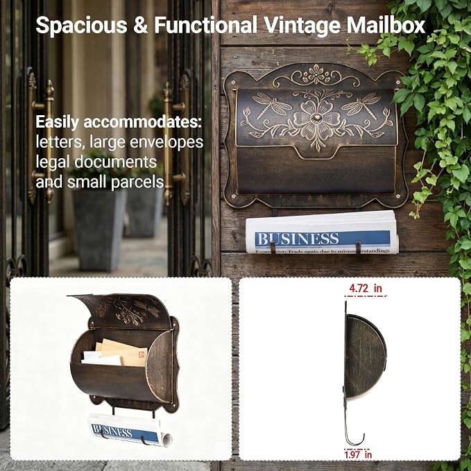 Wall Mount Mailbox with Newspaper Holder, Upgraded Embossed Vintage Mailbox Wall Mount, Dragonfly & Floral Decorative Front Porch Antique Mailboxes, Mail Boxes for House Outside Garden