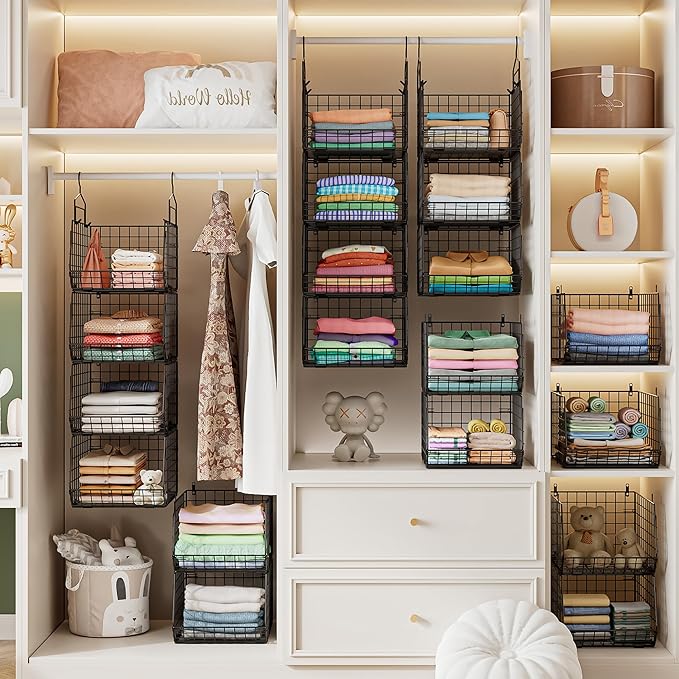 4" Extra Deeper Hanging Closet Organizers and Storage, 4 Tier Foldable Wire