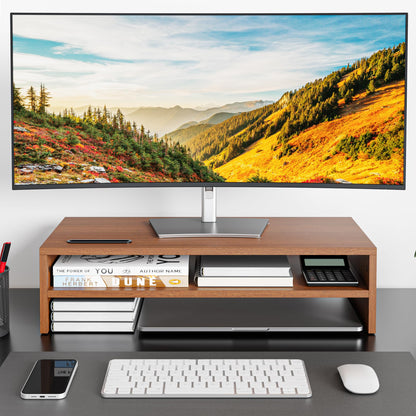 BONTEC Wood Monitor Stand Riser, 2-Tier Desktop Organizer with Storage, Ergonomic Computer Stand for Desk, Cable Management, Cellphone Holder, 21.3 Inch Shelf, Walnut