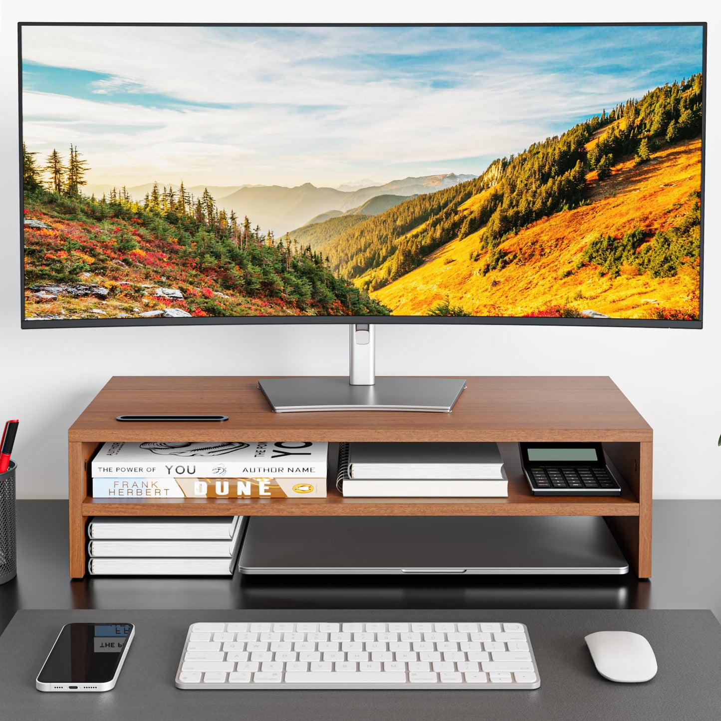 BONTEC Walnut Monitor Stand Riser, 21.3 Inch 2-Tier Wood Desk Shelf for Monitor & Laptop, Desktop Organizer with Cable Management and Phone Holder, Ergonomic Computer Riser, 66 lbs Capacity