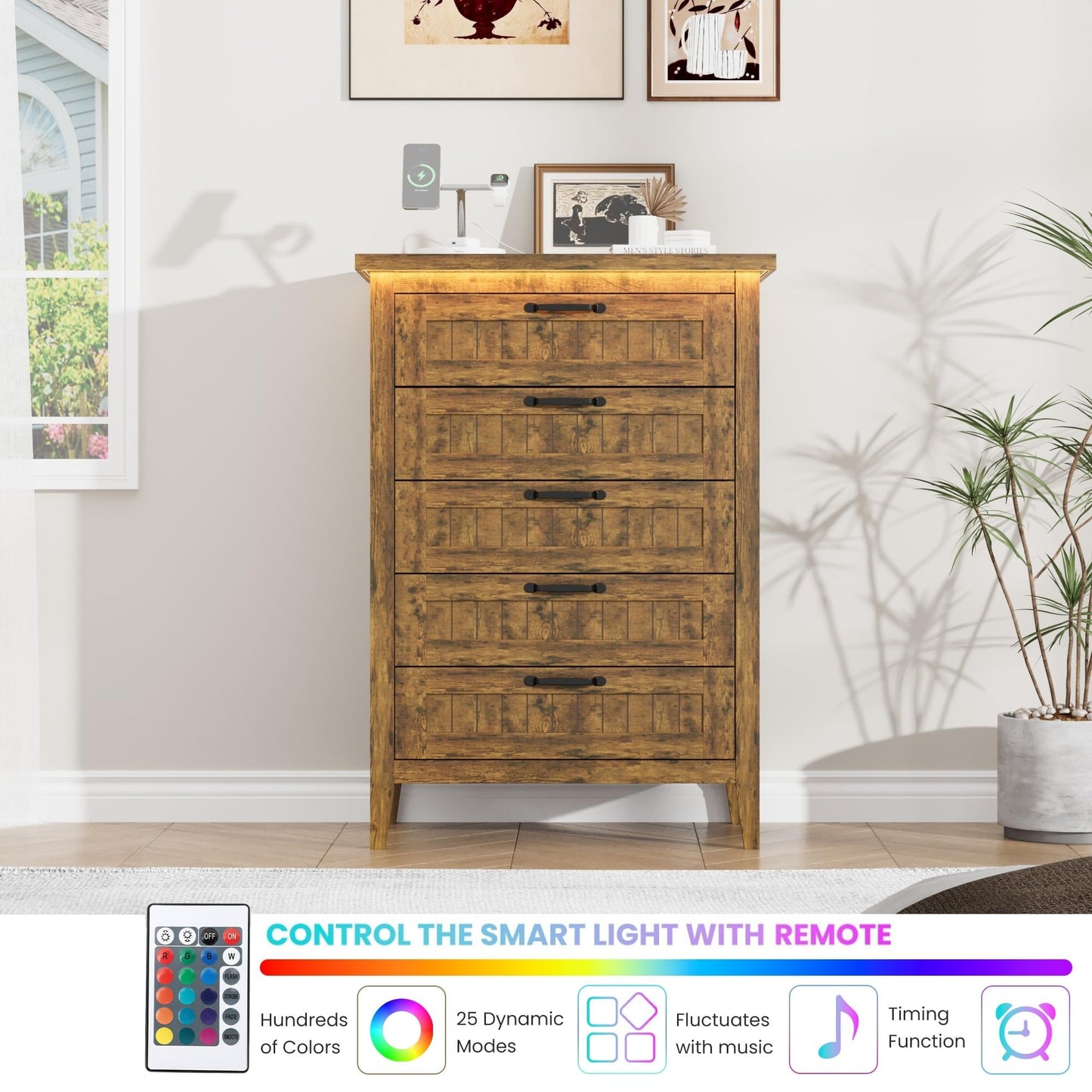 Garvee 44.9'' Tall 5 Drawer Dresser with Power Outlet & LED Lights