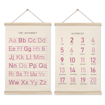 HRQKO Alphabet Numbers Poster Hanger Frame Set of 2, Pink Girls Nursery Wall Decor, ABC Poster Wall Art with Wooden Frames, Pink Alphabet Banner Wall Hanging Decor for Toddler Playroom, 16x24 inch