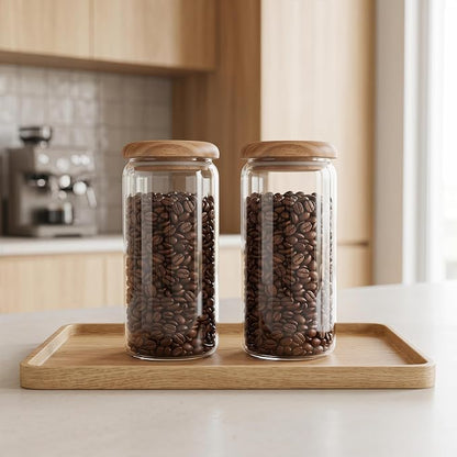 4-Pack 32 fl oz Wide Mouth Mason Jars with Spoon & Labels, Acacia Wood Lids, Press Seal, No Plastic, for Food, Snacks, Fruits, Coffee Beans, Spices & Dry Storage, Pantry Organizer.