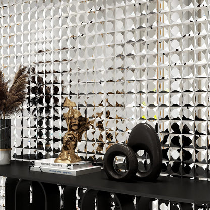 Lovdeco Peel and Stick 2" Mirror Glass Mosaic Tile 9 Faces Beveled Silver Crystal Mosaic Tile for Kitchen Backsplash, 12x10 Inch, 5 Sheets