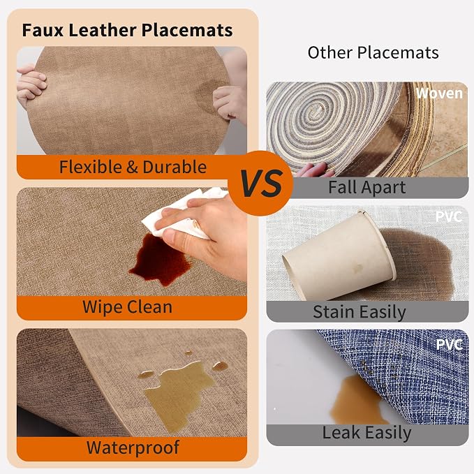 Maxpearl Round Placemats Set of 6, 13.8 inch Faux Leather Heat Resistant Table Mats, Non Slip Waterproof Wipeable Place Mats for Kitchen Dining Holiday Party Table Settings, Brown