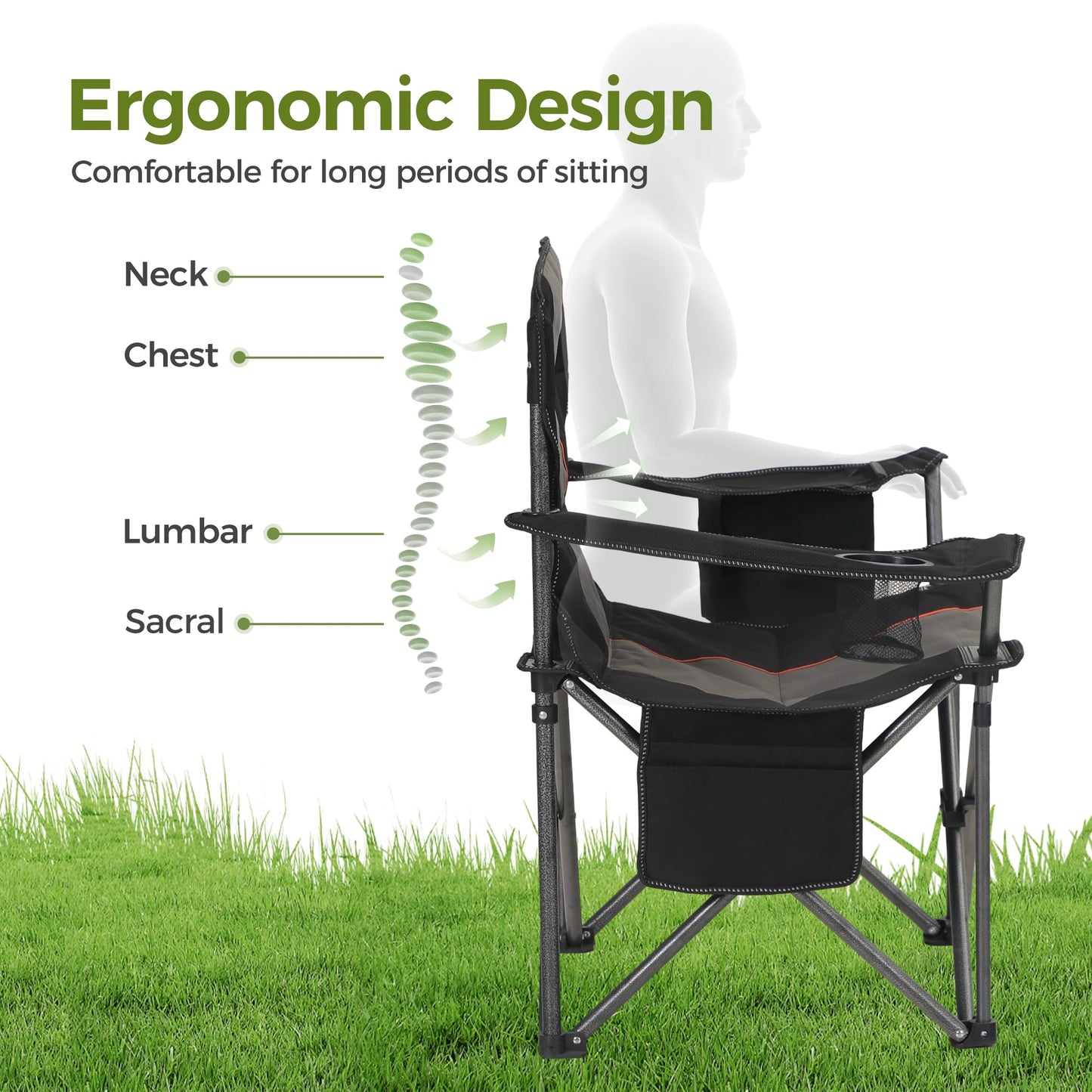 ALPHA CAMP 2PC Oversized Camping Folding Chair, Heavy Duty Support 450 LBS Steel Frame Collapsible Padded Arm Chair with Cup Holder Quad Lumbar Back, Portable for Outdoor,Black