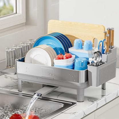 Ewaiira Dish Drying Rack, 304 Stainless Steel Dish Racks for Kitchen Counter, Dish Drainers with Automatic Drainage, Utensil Holder & Cups Holder, Space Saving Kitchen Organizer, Gray