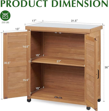 Outdoor Storage Cabinet & Potting Bench Table with Metal Top, Wooden Patio Furniture, Garden Workstation (Light Brwon, 36x31x17in)