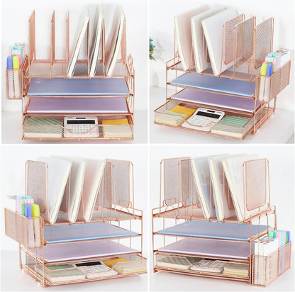 Desk Organizer with 5 Vertical File Holders, 3-Tier Paper Organizer and Drawer, Desk Accessories in Rose Gold