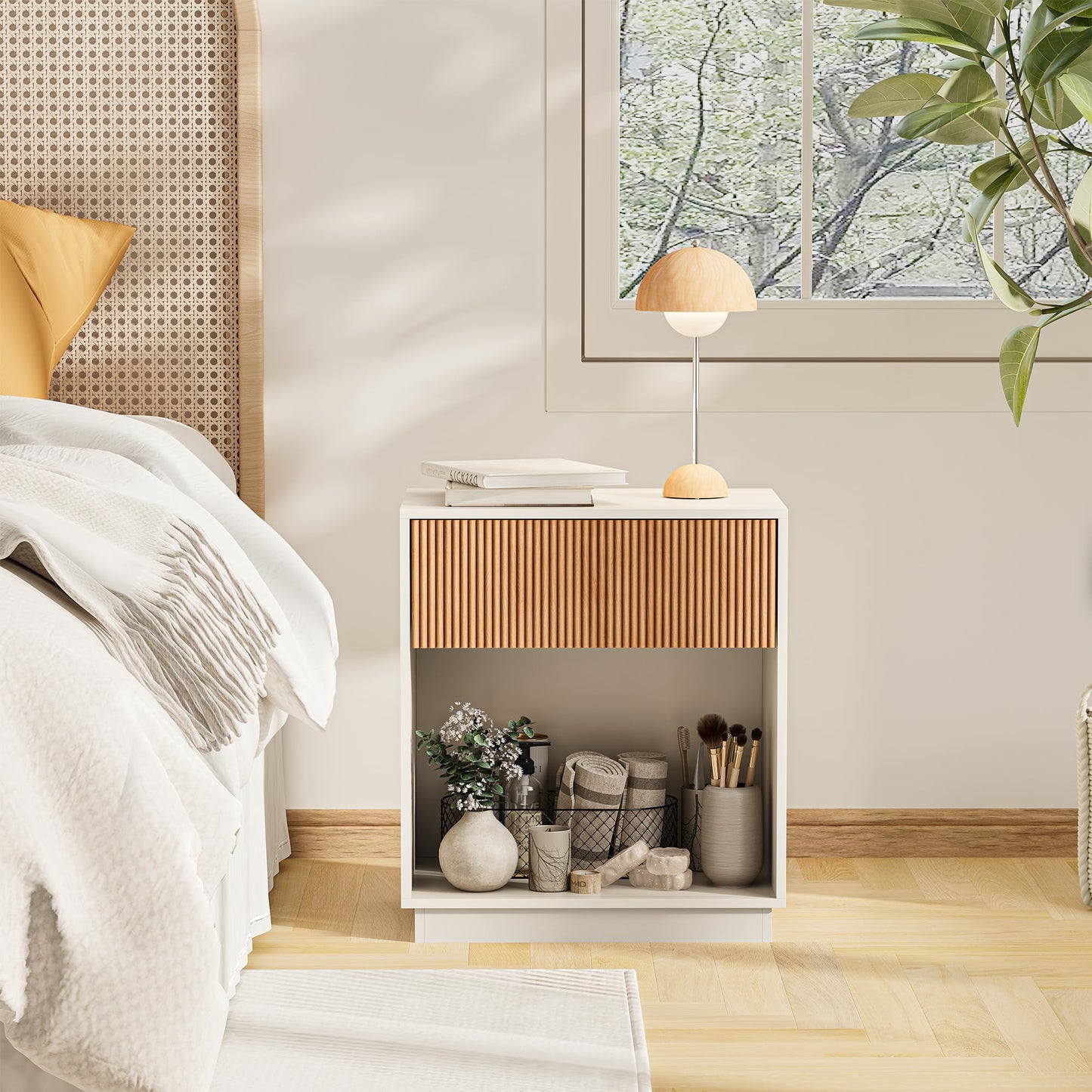 Fluted Nightstands Set of 2, Modern Bedside Table with Drawer and Storage Shelf, Wood End Table Mid Century Night Stands for Bedroom Living Room Sofa Couch Office (White+Oak)