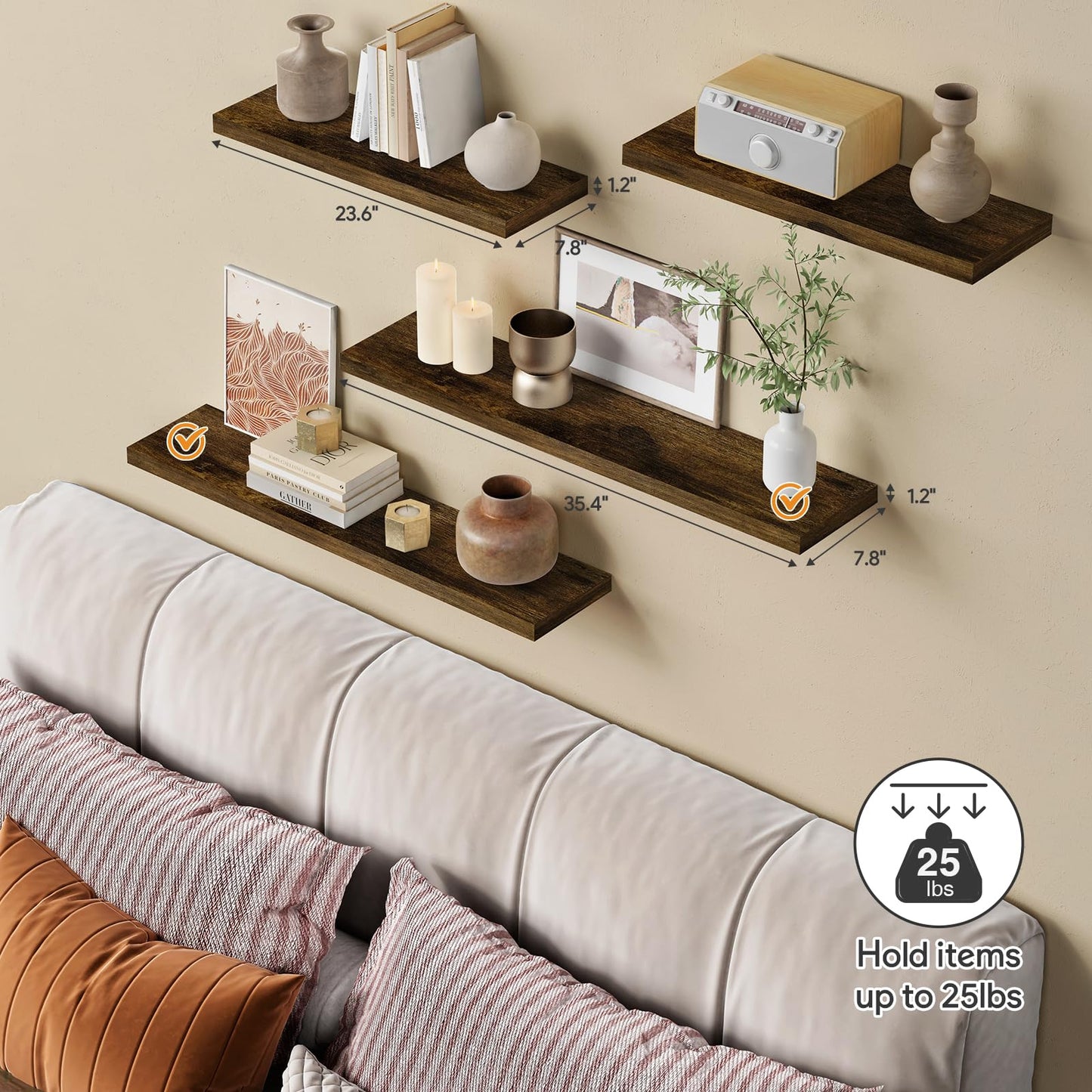 Forbena 36 Inch Floating Shelves for Wall Long Set of 3, Large Deep Wall Shelves for Bedroom Living Room Decor, Rustic Wood Floating Shelf for Kitchen Closet Office TV Plants Books (Dark Brown)