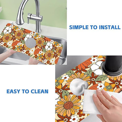 70s Retro Orange Floral Kitchen Sink Splash Guard Mat Absorbent Fast Drying Mat