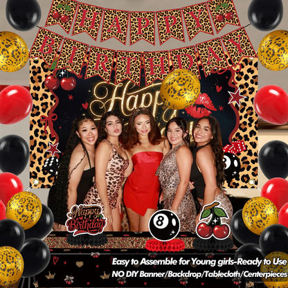 Red Black Cheetah Print Cherry Birthday Decorations Kit - Leopard Birthday Party Decor with Pre-Strung Banner Backdrop Tablecloth Balloons Cake & Cupcake Toppers, Prefect for Girls Women Big Mama