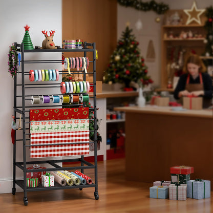 yeshine Ribbon Organizer for Craft Room, Rolling Ribbon Holder, Double-Sided Ribbon Holder Organizer Rack, Metal Craft Christmas Gift Wrapping Paper Holder, Large Capacity Ribbon Storage Rack