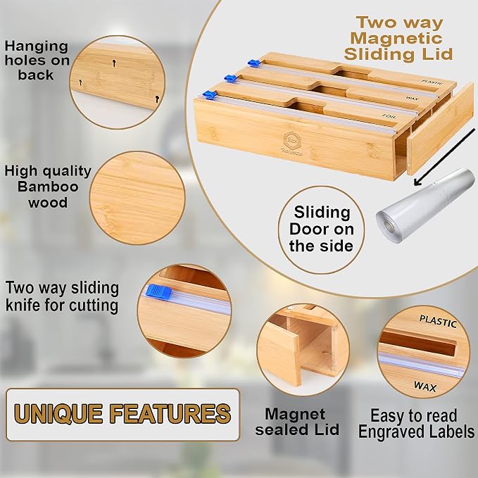 Foil and Plastic Wrap Organizer with Kitchen Aluminum Foil Holder, Cling Plastic Wrap Dispenser with Cutter and Labels, Bamboo Kitchen Wrap Organizer (3 in 1)