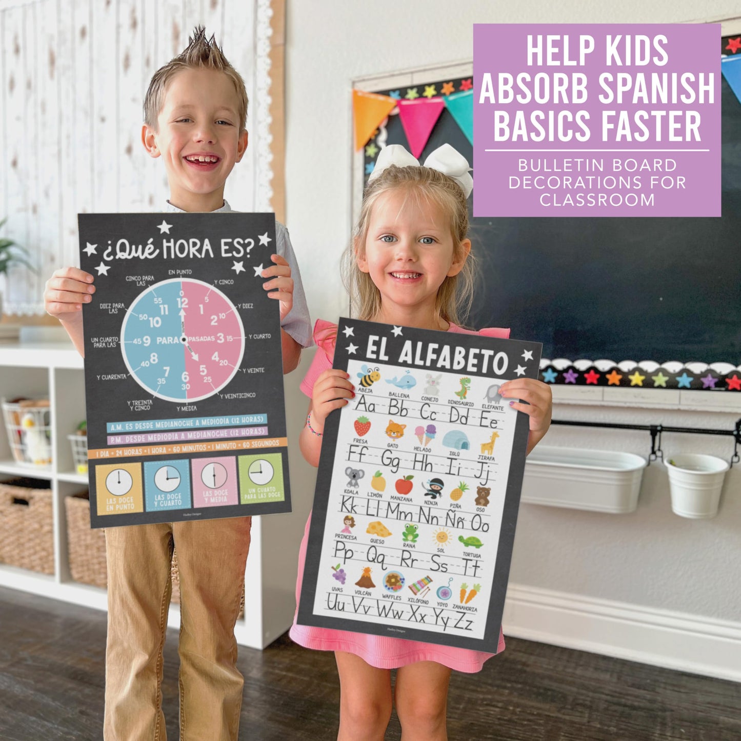 Hadley Designs Spanish Posters for Classroom -12 Bilingual Educational Posters for Spanish Classroom Decorations Must Haves, Calendario y Alfabeto en Español Para la Pared, Chalkboard Teacher Supplies