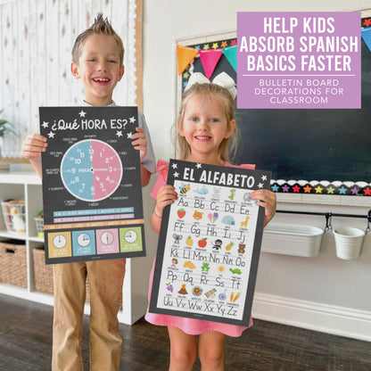 Hadley Designs Spanish Posters for Classroom -12 Bilingual Educational Posters for Spanish Classroom Decorations Must Haves, Calendario y Alfabeto en Español Para la Pared, Chalkboard Teacher Supplies