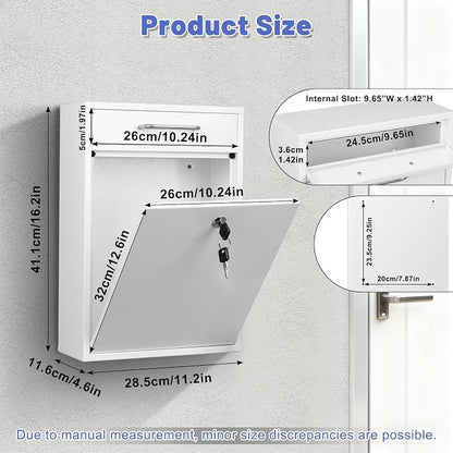 KYODOLED Locking Wall Mount Mailbox for Outside, Drop Box, X-Large, White | Heavy-Duty Steel, Outdoor Mail Box with Key Lock, Large Capacity, Home, Office & Apartment Use, 16.2H × 11.2L × 4.6W In