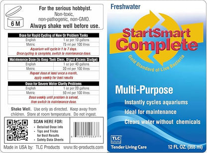 TLC Products StartSmart Complete Freshwater Aquarium Cycle Starter & Beneficial Nitrifiers, Supports Clear Water & Biofiltration, Reduces Excess Sludge, 12 oz (355 ml)
