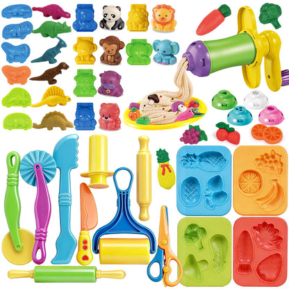 31 Pcs Dough Tools, Dough Play Tools Set + Kitchen Spaghetti Maker Machine Clay and Dough Accessories with Rolling Pins, Clay Cutters, Safety Scissors, 3D Dino & Animal & Fruit Molds