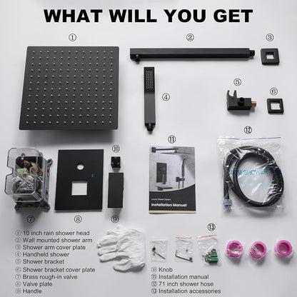 Matte Black Shower System with 10-Inch Rain Showerhead and Handheld | Innovative air-injection technology for low pressure, high-flow rate up to 3.22 GPM ensuring powerful consistent stream