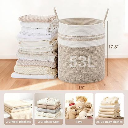 Tall Laundry Basket with Handles, 53L Portable Dirty Clothes Hamper, Boho