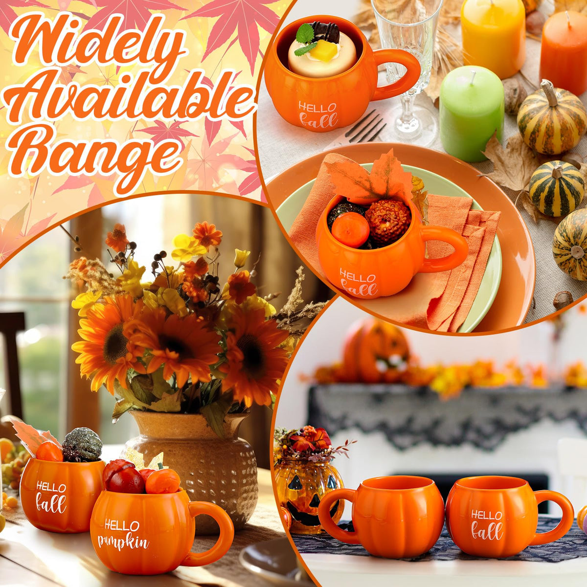 GlikCeil 2 Pcs Fall Pumpkin Mugs, Hello Fall Hello Pumpkin Coffee Cups for Tiered Tray 17 oz Thanksgiving Table Centerpieces Ceramic Mugs Drinking Cup for Autumn Harvest Wedding Birthday Gift