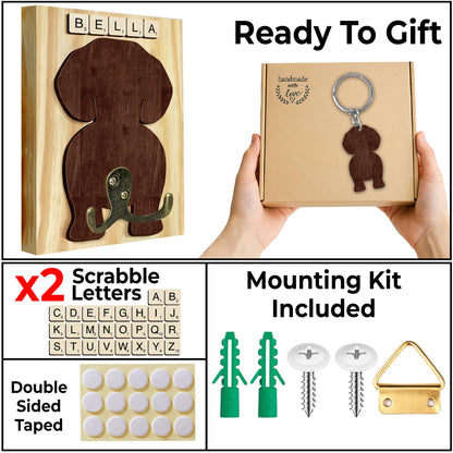 VINARTSVN Beagle Dog Leash Holder Wall Mount with Scrabble Letters, Wooden Dog Wall Hook Organizer, Pet Collar and Harness Hanger for Entryway, Key Hook Gift for Pet Lovers, Home Decoration PF297-8