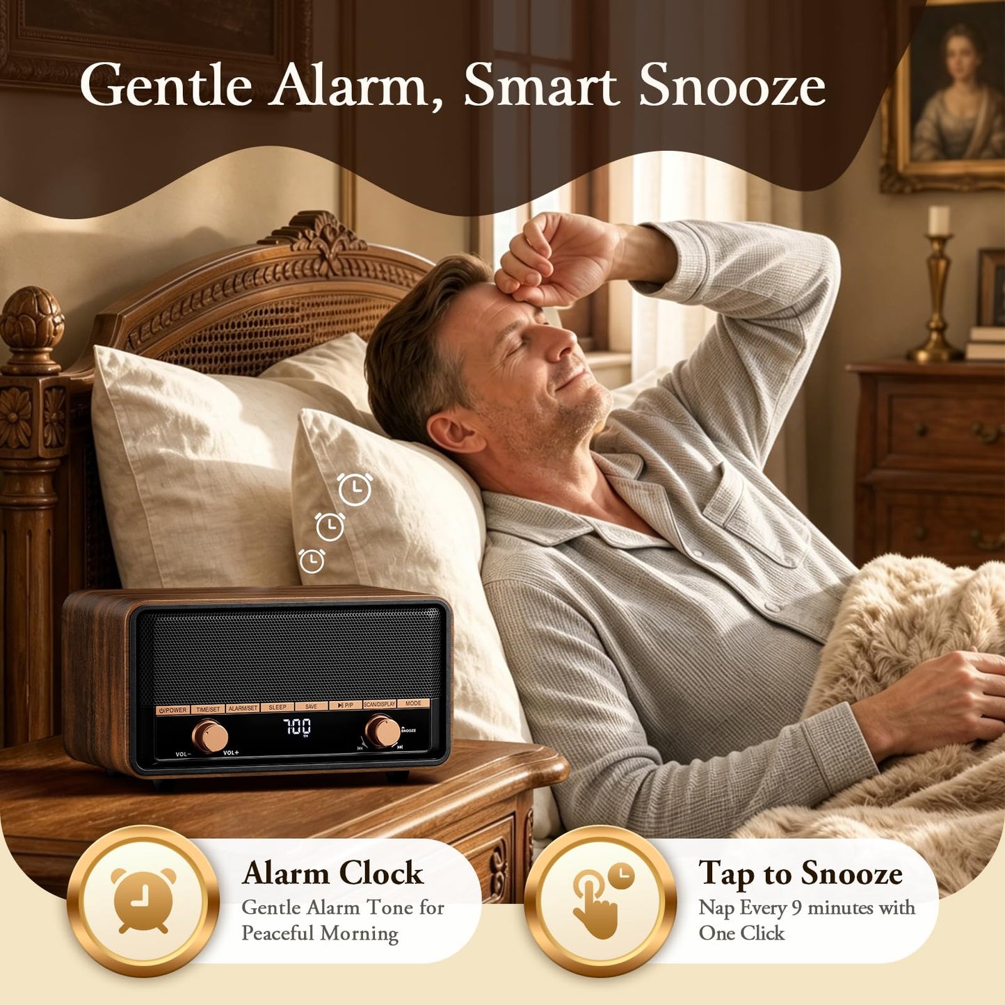 Audiocrazy Vintage Wooden AM FM Radio with Bluetooth, Digital Clock Radio for Bedroom with 80 Station Presets, Tap to Snooze, Sleep Timer, Clear LCD Display for Home Office (Deep Walnut)