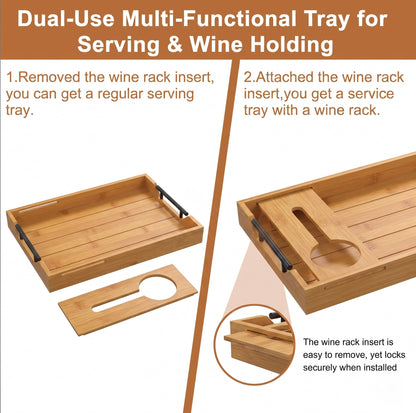 Bamboo Serving Tray with Wine Glass Holder, Couch Snack Tray with Handles for Wine, Cheese and Fruit, Movie Night Tray for Sofa, Coffee Table, Wedding and Housewarming Gift