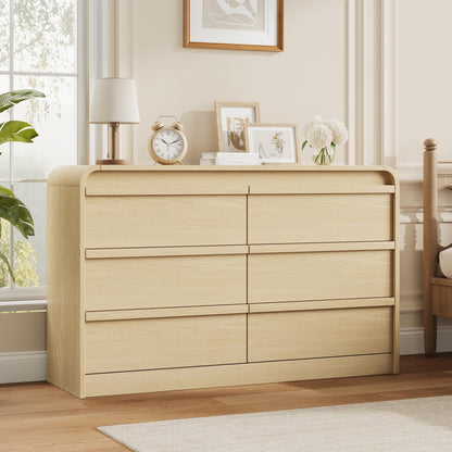 Garvee 6 Drawer Dresser for Bedroom, 47" Wide Wooden Dressers with Curved Profile Design, Mid Century Chest of Drawers Closet Clothes Storage Organizer for Living Room, Entryway, Nursery, Natural